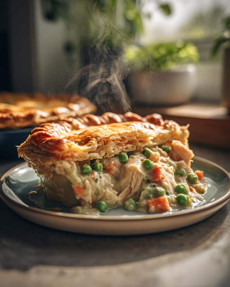A close-up of a slice of steaming Turkey Pot Pie with Peas and Carrots, showing flaky crust and creamy filling.