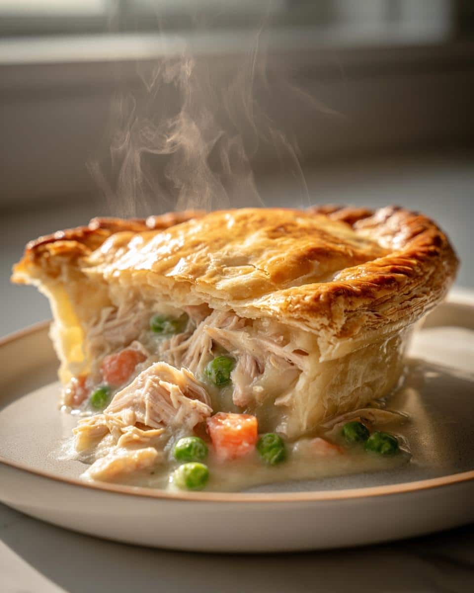 A steaming slice of Turkey Pot Pie with Peas and Carrots, showing flaky crust, shredded turkey, and creamy sauce.