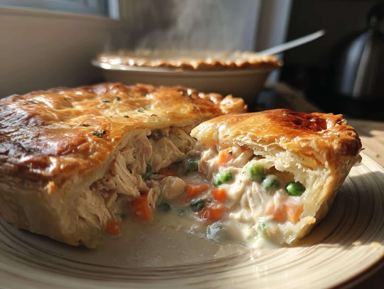 A close-up of a slice of steaming Turkey Pot Pie with Peas and Carrots, showing flaky crust and creamy filling.