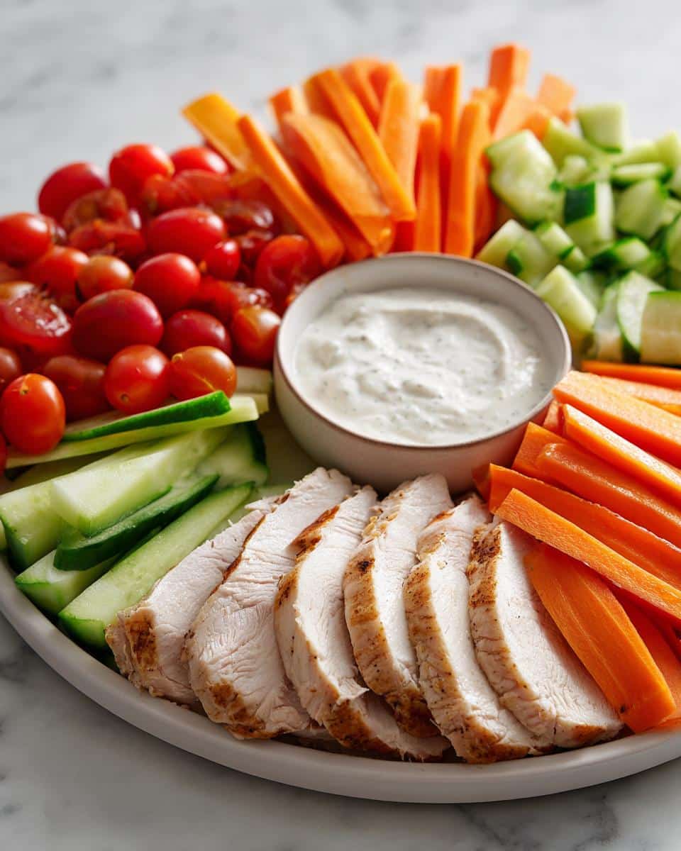 A colorful Turkey Veggie Platter with Ranch, featuring sliced turkey breast, cherry tomatoes, carrot sticks, cucumber sticks, and ranch dip.