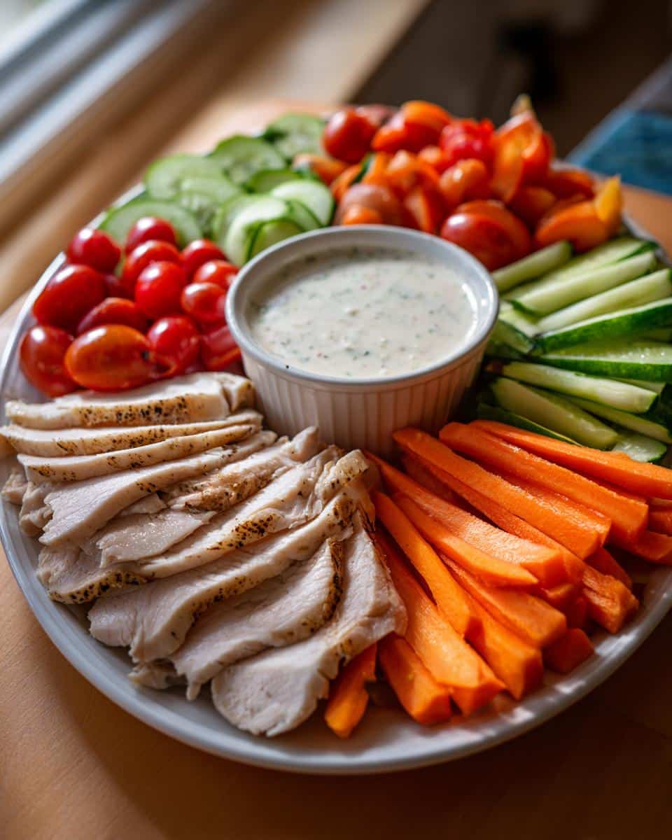 A platter of sliced turkey breast, carrots, cucumbers, cherry tomatoes, and bell peppers surrounding a bowl of ranch dip.