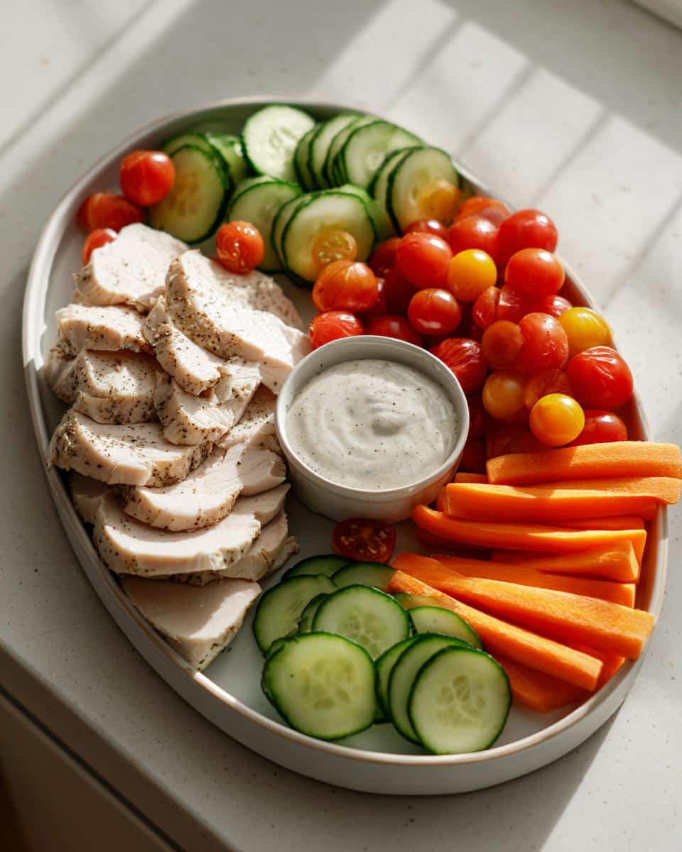 A refreshing Turkey Veggie Platter with Ranch dip, featuring sliced turkey, cherry tomatoes, cucumber slices, and carrot sticks.