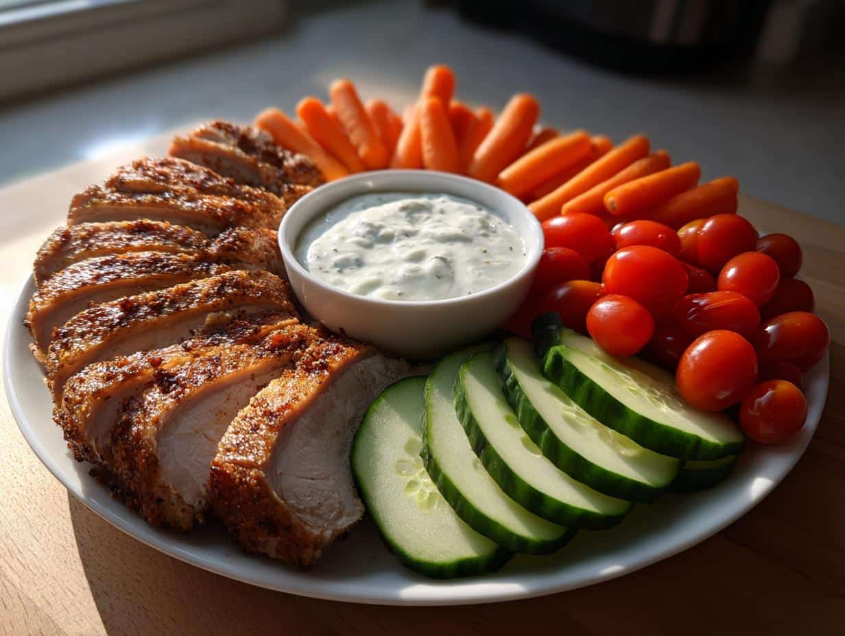 A colorful Turkey Veggie Platter with Ranch dip, featuring sliced turkey breast, baby carrots, cherry tomatoes, and cucumber slices.