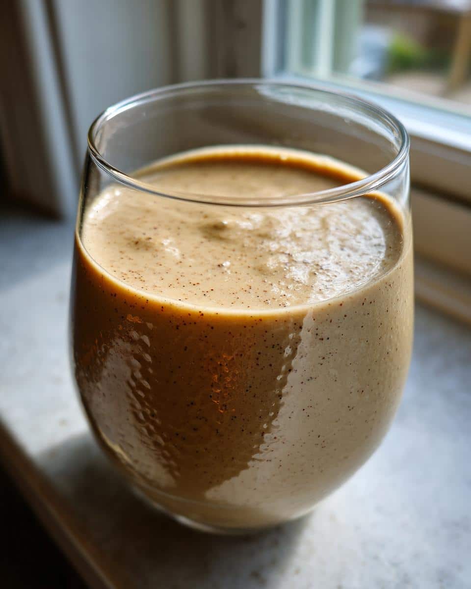 A close-up of a glass filled with creamy Vanilla Bean Irish Cream, showing its smooth texture and flecks of vanilla bean.