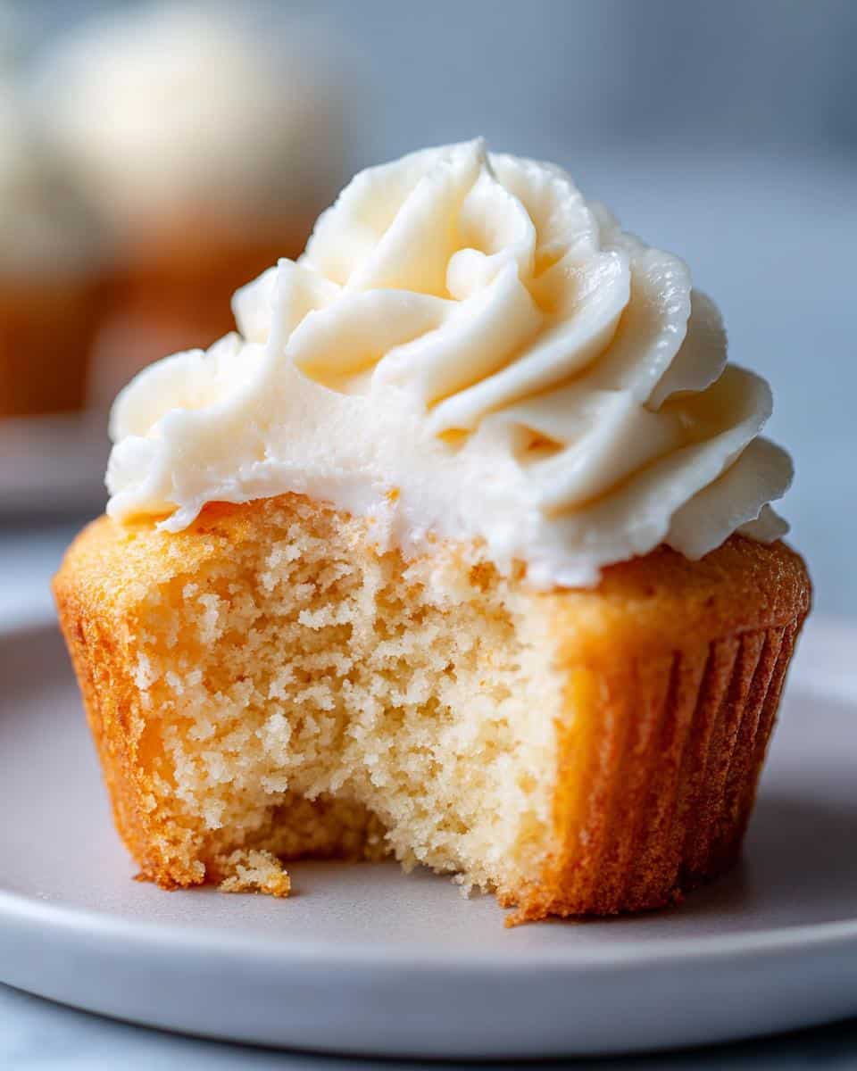 A close-up of a fluffy vanilla cupcake with a bite taken out, revealing the moist crumb and topped with creamy buttercream frosting.