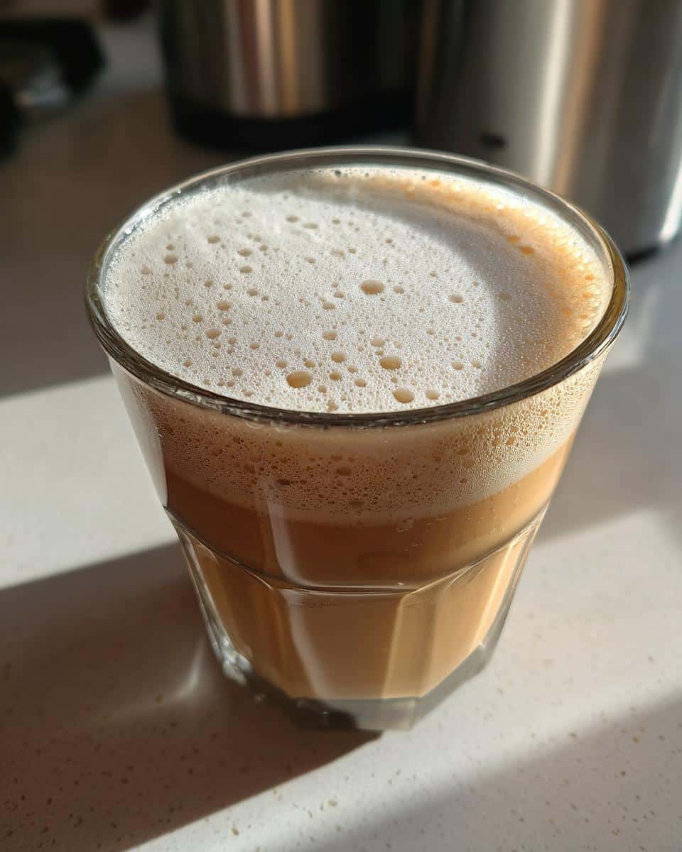 A close-up of a glass filled with coffee topped with creamy, frothy Vanilla Sweet Cream Cold Foam.