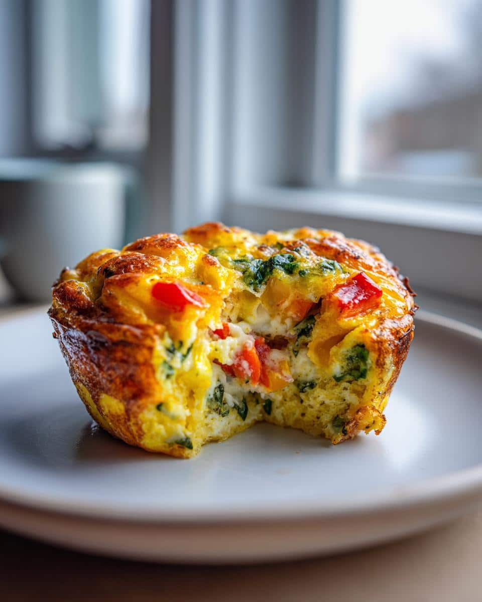 A close-up of a Veggie Egg Muffin with a bite taken out, revealing colorful bell peppers and spinach inside.