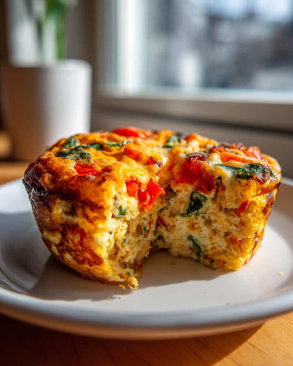A single Veggie Egg Muffin on a white plate, with a bite taken out, revealing the fluffy egg and colorful vegetables inside.