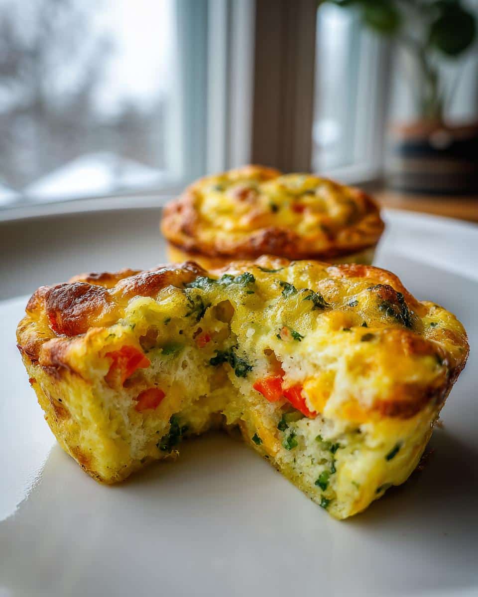 Close-up of a delicious Veggie Egg Muffin with visible pieces of red bell pepper and green herbs.