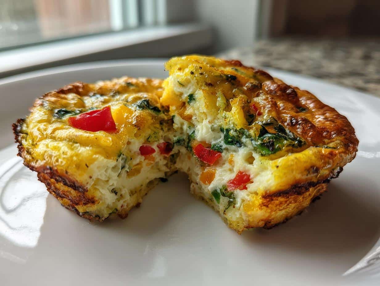 Close-up of a Veggie Egg Muffin cut in half, revealing fluffy egg, colorful bell peppers, and spinach.