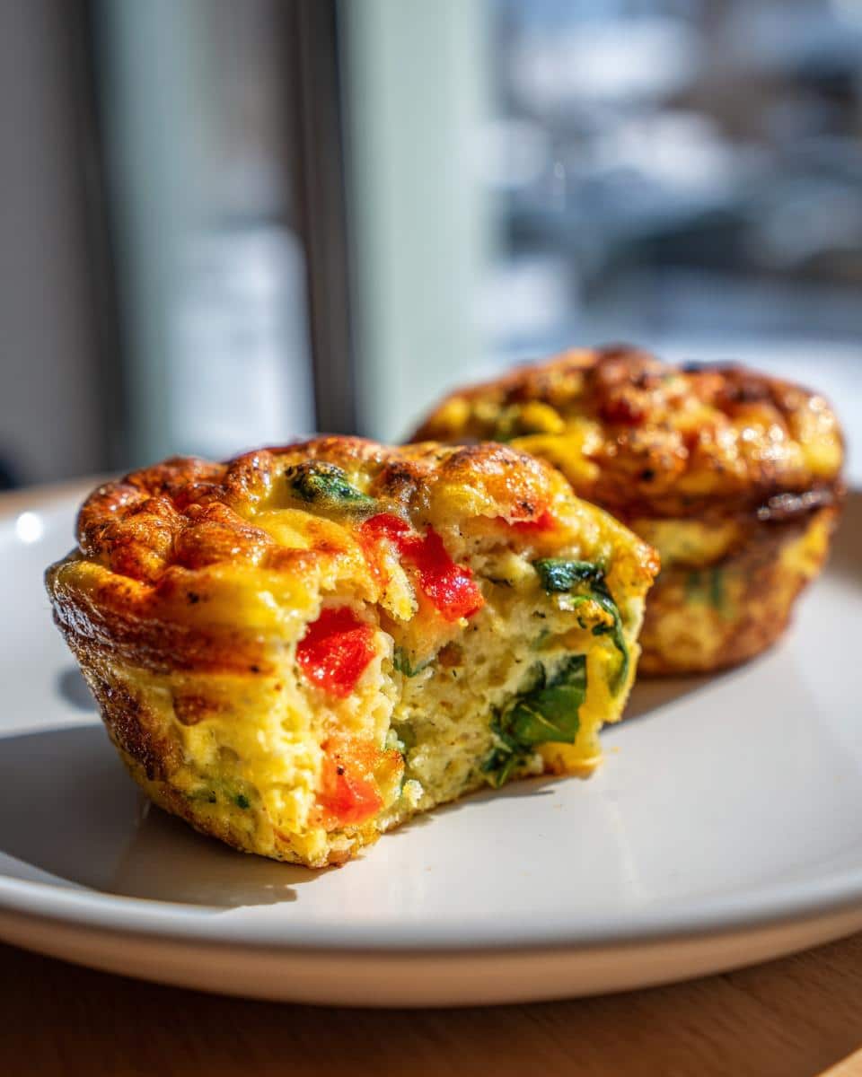 A close-up of a Veggie Egg Muffin with a bite taken out, revealing red pepper and spinach.