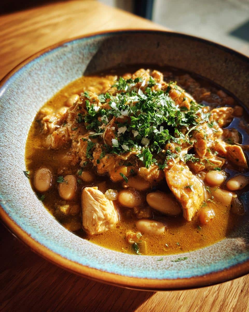 A close-up of a bowl of White Chicken Chili with Cannellini Beans, topped with fresh parsley and white onion.