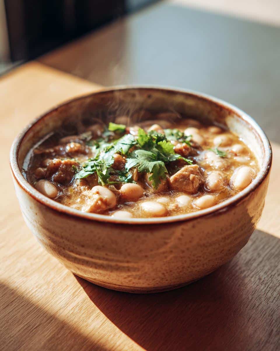 A steaming bowl of White Chicken Chili with Cannellini Beans, garnished with fresh cilantro.
