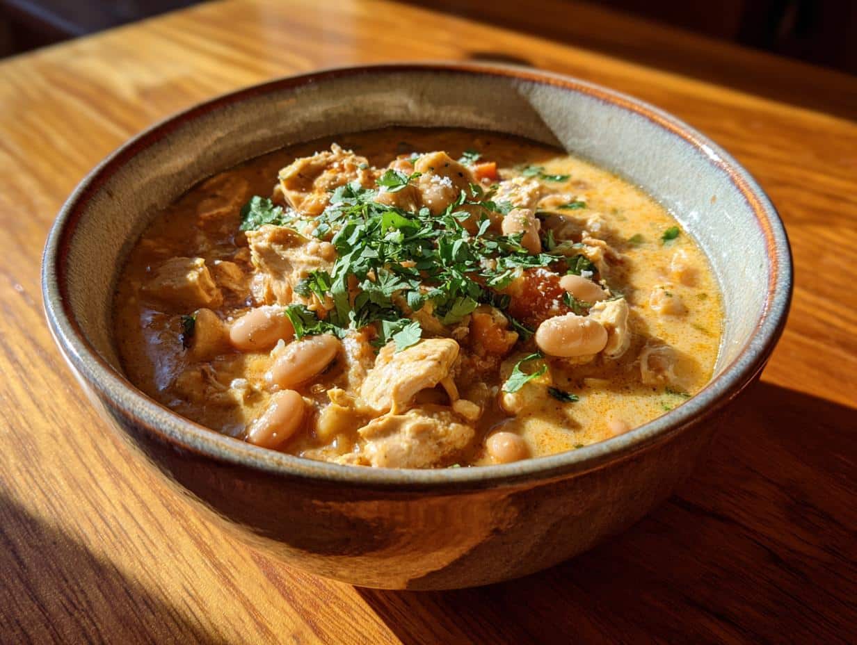 A close-up of a hearty bowl of White Chicken Chili with Cannellini Beans, garnished with fresh parsley.