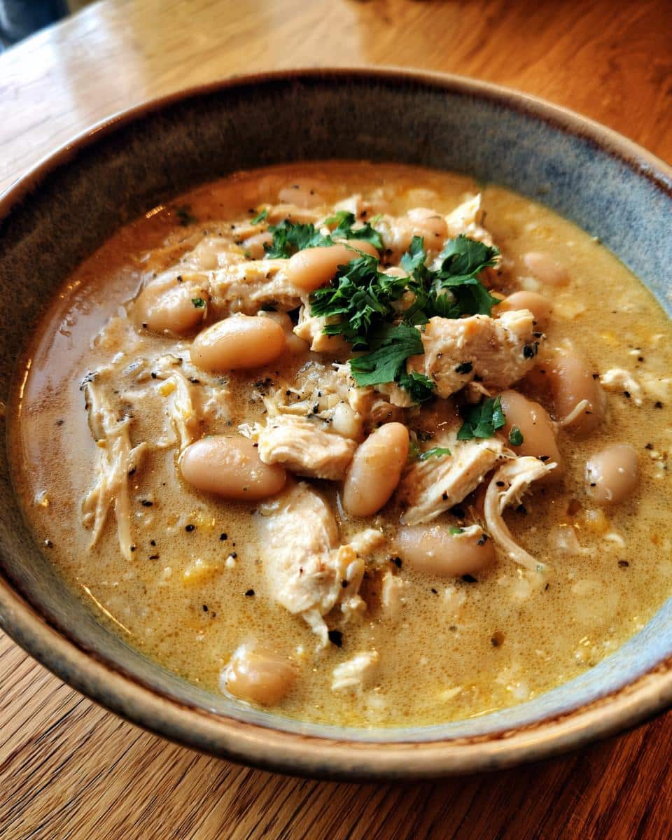 A close-up of a bowl of White Chicken Chili with Cannellini Beans, topped with fresh parsley and black pepper.