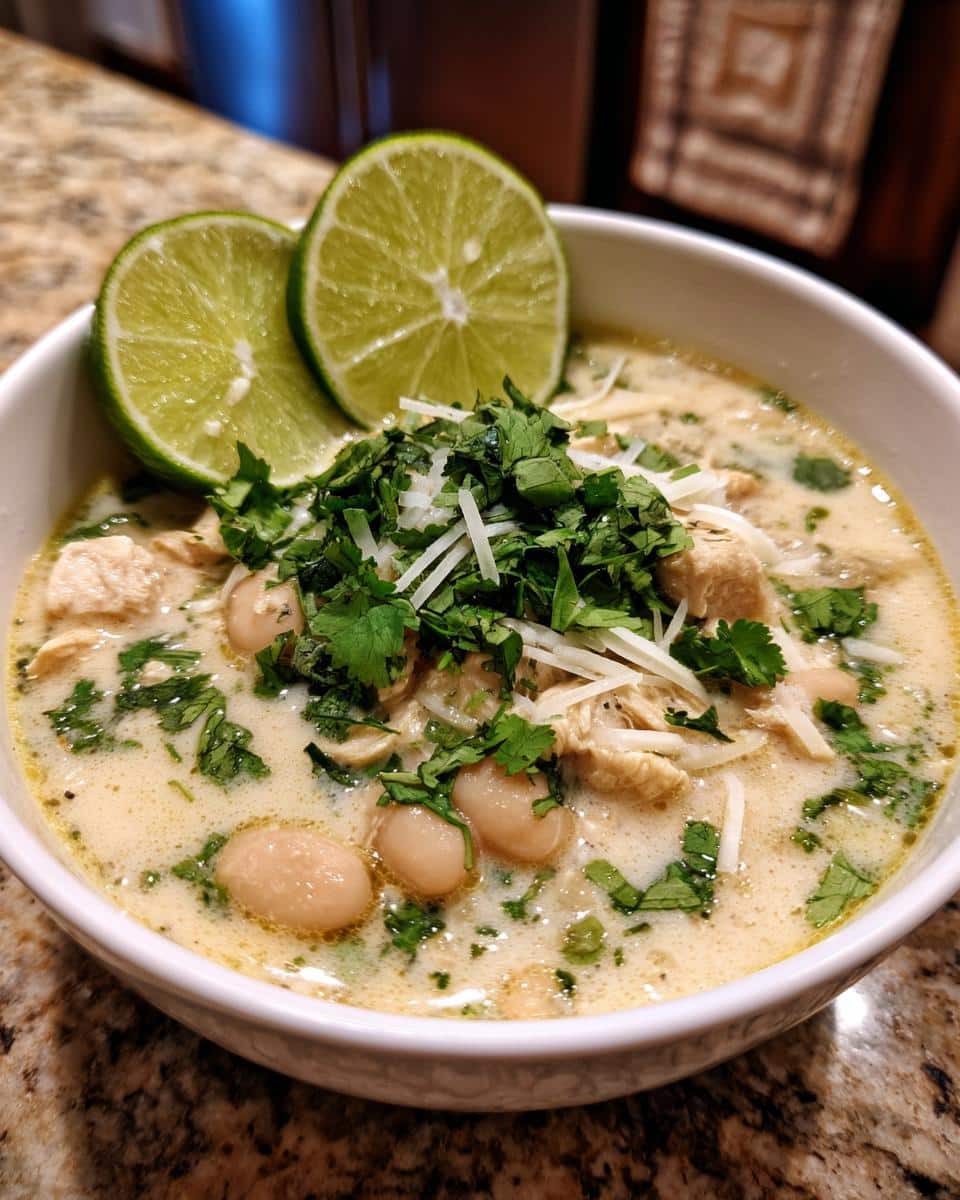 A bowl of creamy White Chicken Chili with Cilantro and Lime, topped with fresh cilantro, shredded cheese, and lime wedges.