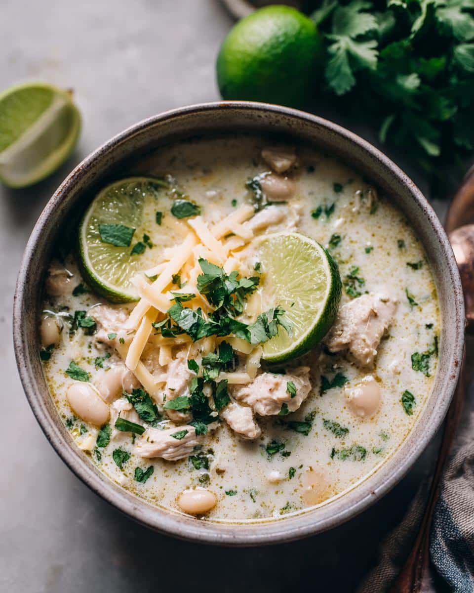 A bowl of White Chicken Chili with Cilantro and Lime, topped with shredded cheese, fresh cilantro, and lime slices.