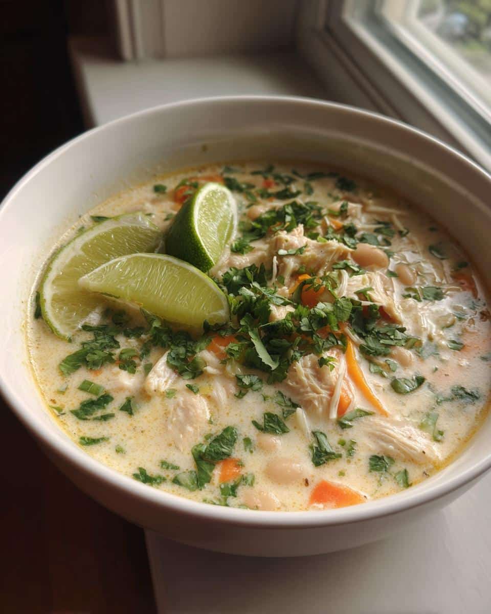 A bowl of creamy White Chicken Chili with Cilantro and Lime, topped with fresh cilantro and lime wedges.