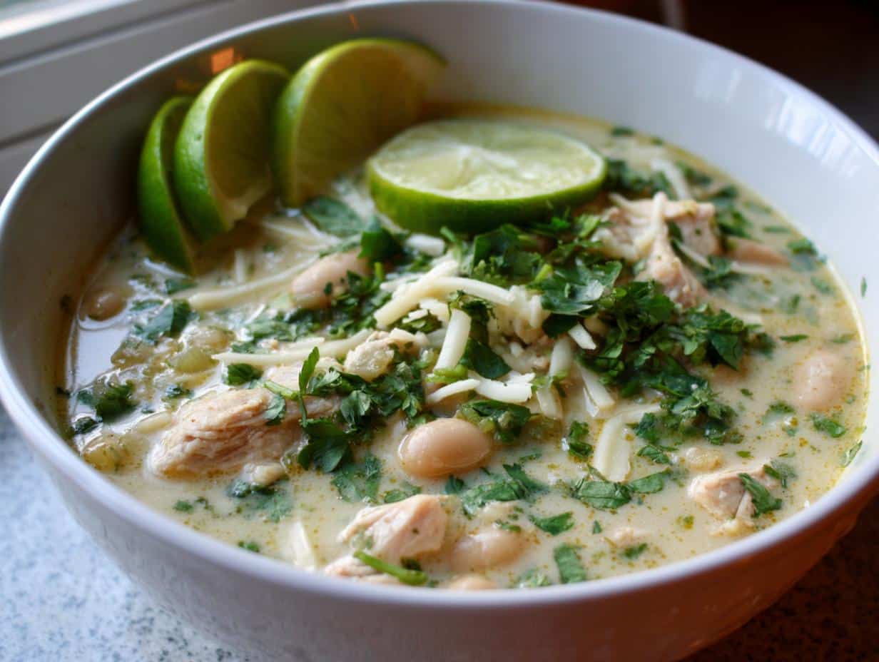 A bowl of White Chicken Chili with Cilantro and Lime, topped with shredded cheese, fresh cilantro, and lime wedges.