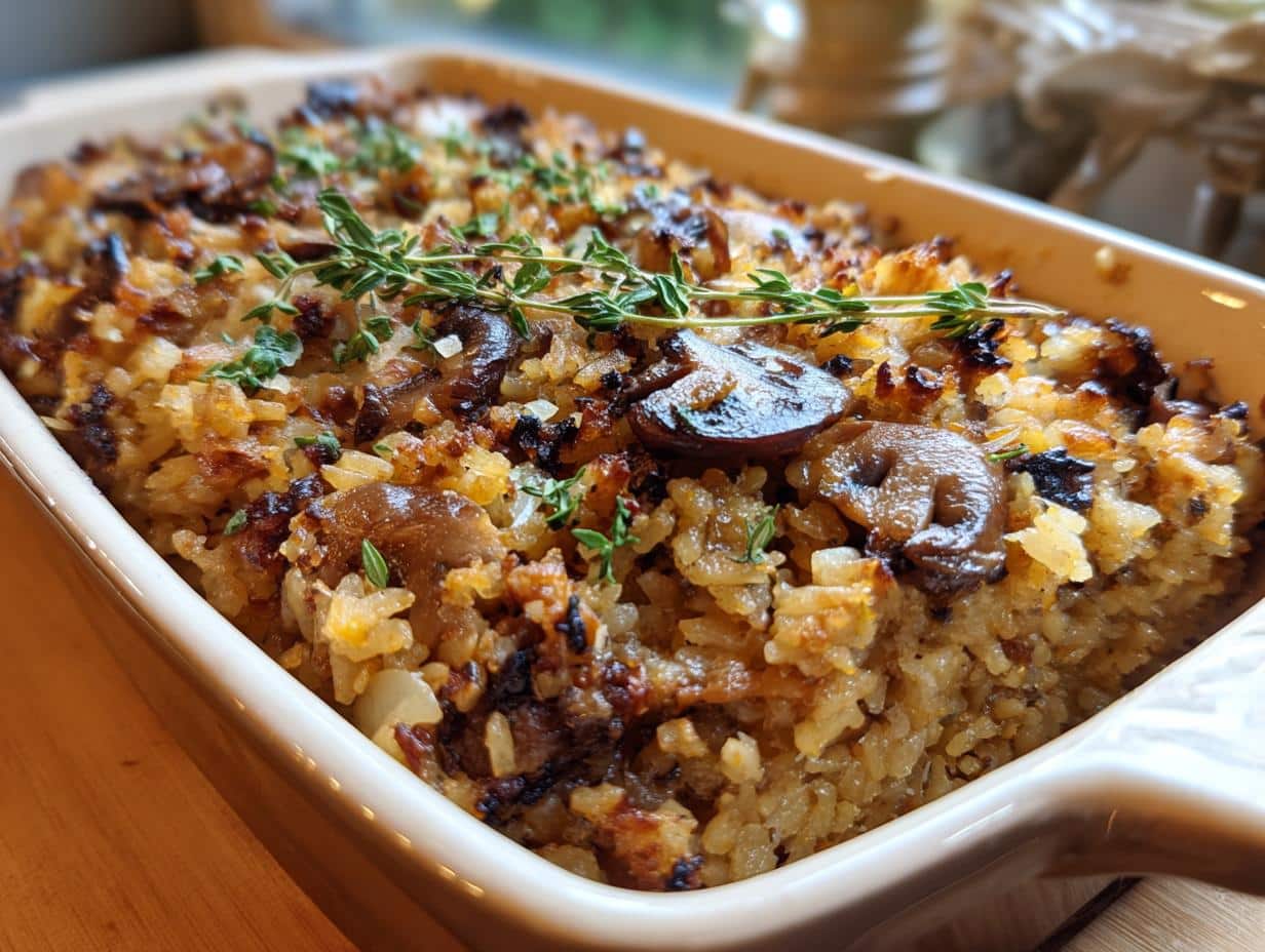 Close-up of a golden-brown Wild Rice Mushroom Stuffing baked in a rectangular dish, garnished with fresh thyme.