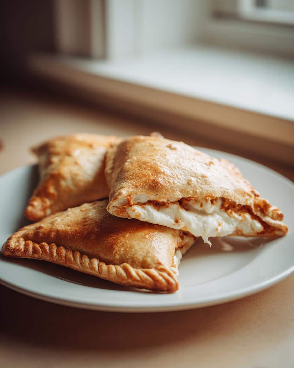Three golden-brown Witch Hat Calzones piled on a white plate, with a gooey cheese filling visible.