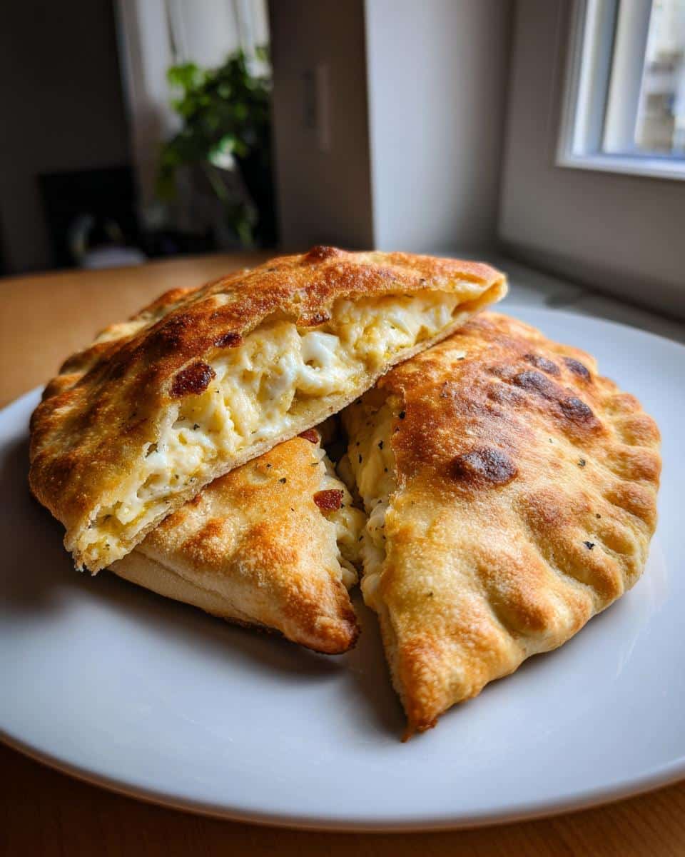 Close-up of golden-brown Witch Hat Calzones on a white plate, one sliced to reveal a fluffy, cheesy filling.