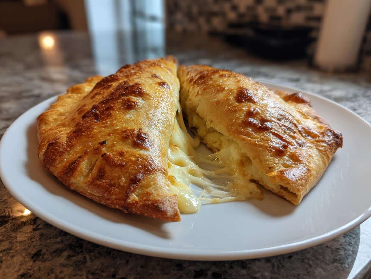 Close-up of two golden-brown Witch Hat Calzones cut in half, revealing melted, gooey cheese stretching out.