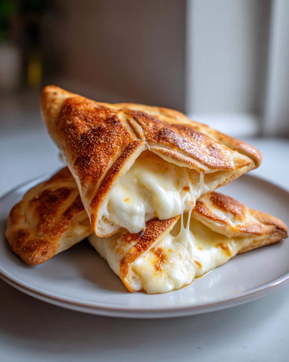 Two delicious Witch Hat Calzones filled with gooey melted cheese, served on a plate.