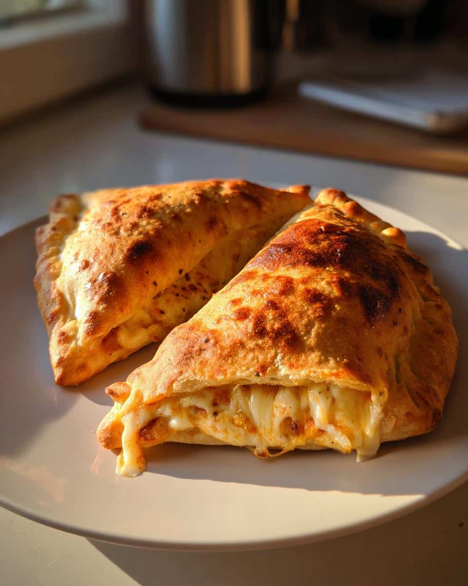Two golden-brown Witch Hat Calzones on a plate, one split open to reveal gooey melted cheese.