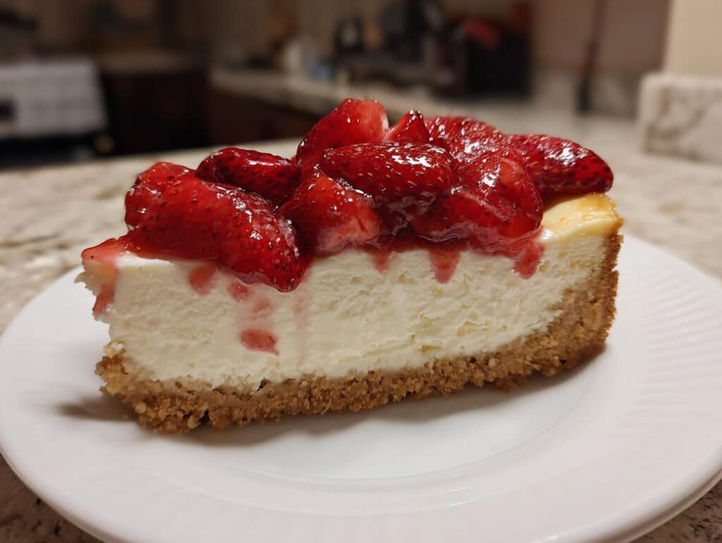 A slice of creamy White Chocolate Strawberry Cheesecake topped with fresh strawberries and glaze.