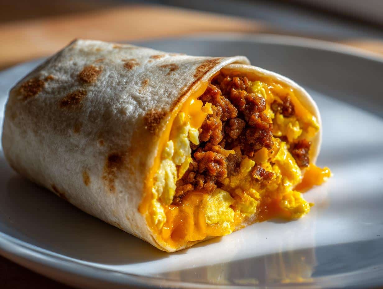 Cheesy Breakfast Burritos with Eggs and Sausage - Featured