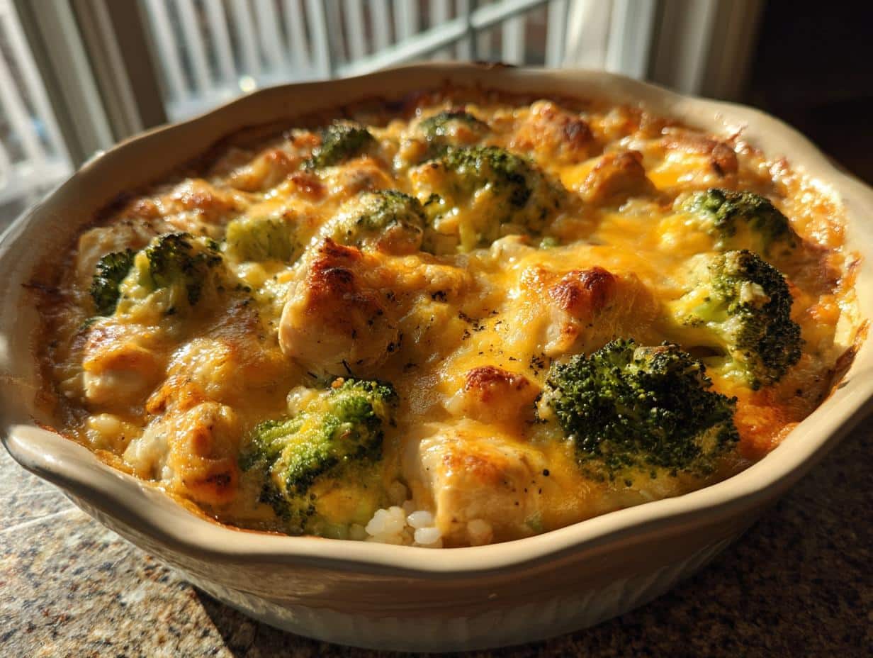 Cheesy Chicken and Rice Bake with Broccoli - Featured