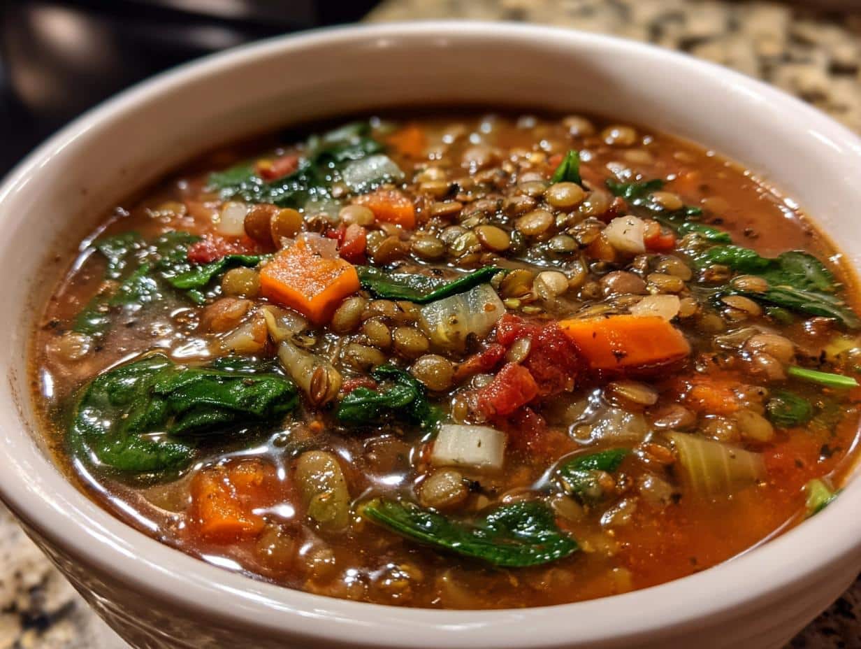 Cozy Lentil and Vegetable Soup with Spinach - Featured
