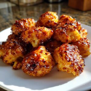 A close-up of a plate piled high with golden-brown Air Fryer BBQ Cauliflower Bites, glistening with a rich, sticky BBQ sauce.