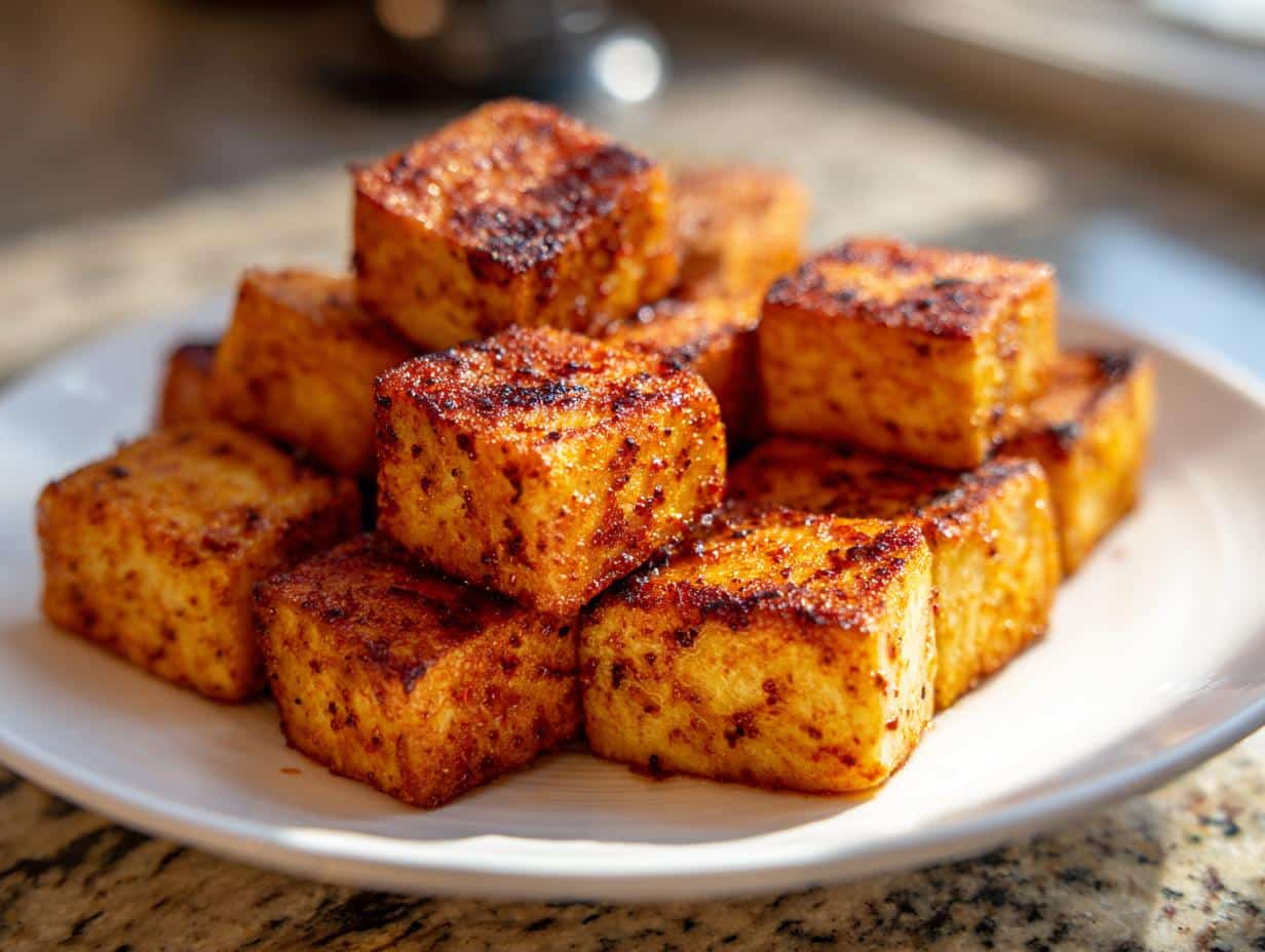 A close-up of a pile of golden-brown Air Fryer Crispy Tofu Bites on a white plate, showing their crispy texture.