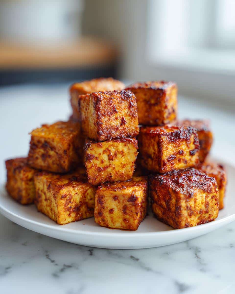 A close-up stack of golden brown Air Fryer Crispy Tofu Bites on a white plate, showing their crispy texture.