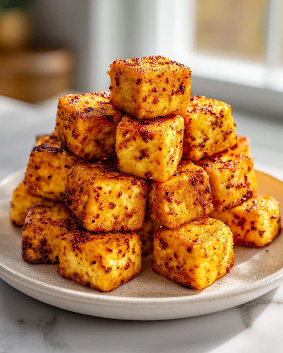 A tall stack of golden-brown Air Fryer Crispy Tofu Bites on a light-colored plate, seasoned with visible spices.