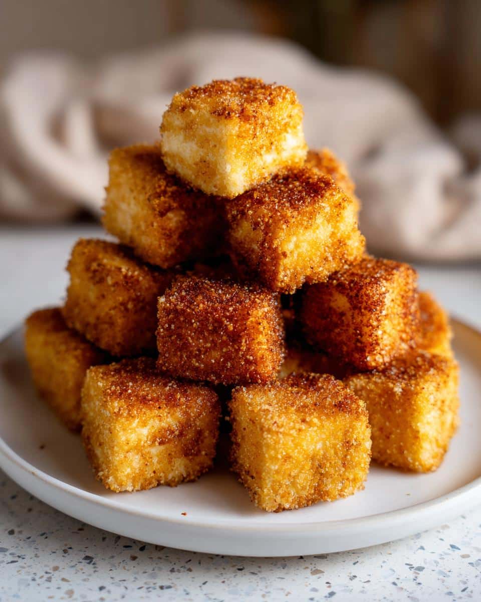 A tall stack of golden brown Air Fryer Crispy Tofu Bites on a white plate, showing their crunchy texture.