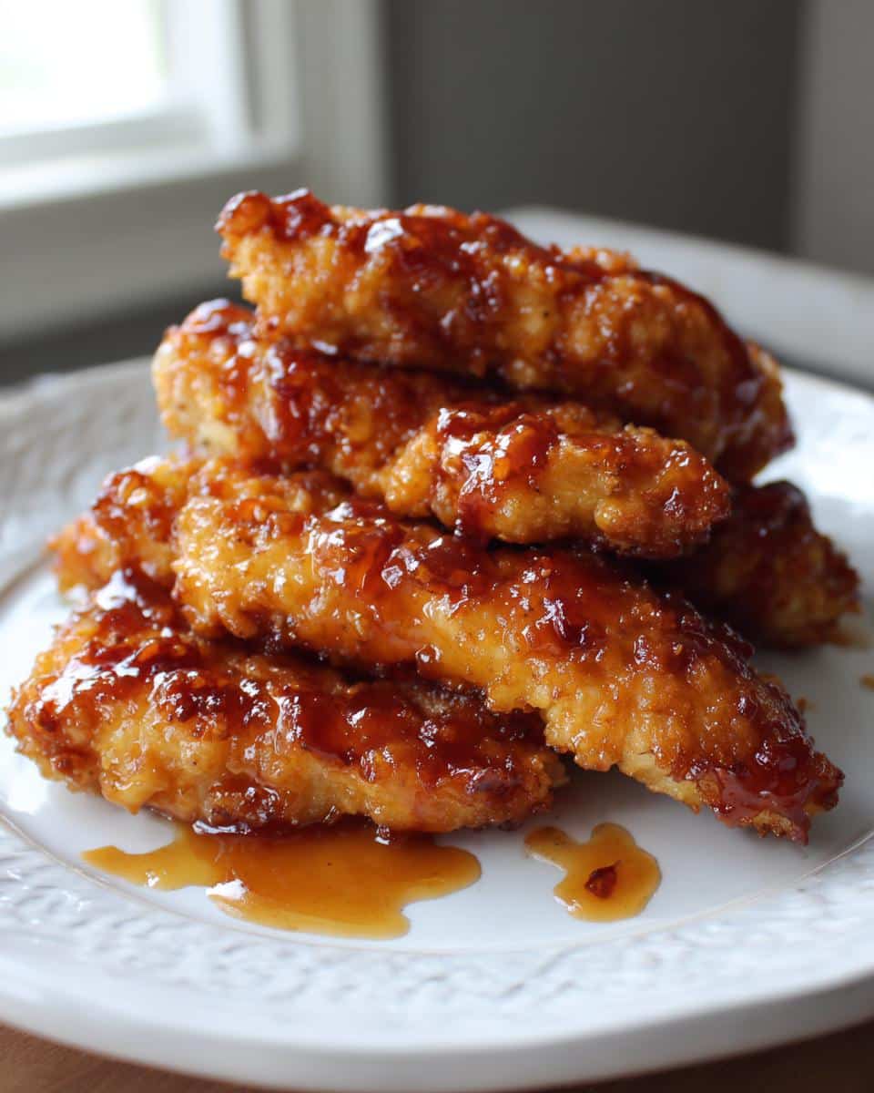 A close-up of a stack of golden-brown Air Fryer Honey BBQ Chicken Tenders coated in a glossy, sticky sauce on a white plate.