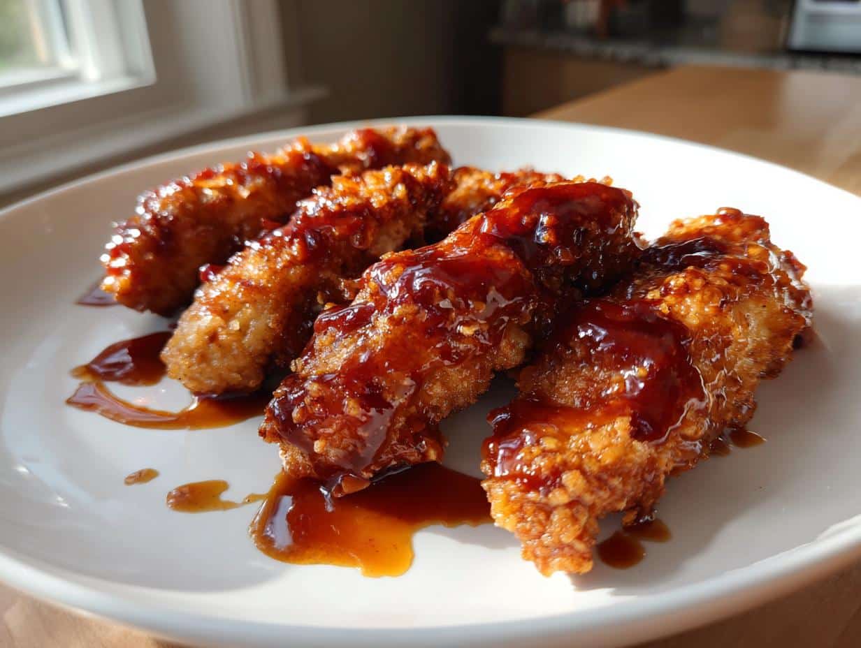 Close-up of crispy Air Fryer Honey BBQ Chicken Tenders coated in a glossy, rich sauce on a white plate.