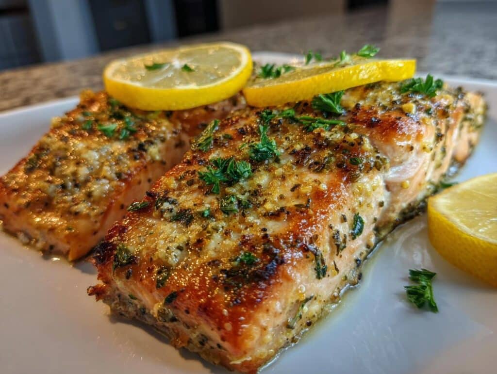 Two fillets of Air Fryer Lemon Pepper Salmon, garnished with fresh parsley and lemon slices on a white plate.