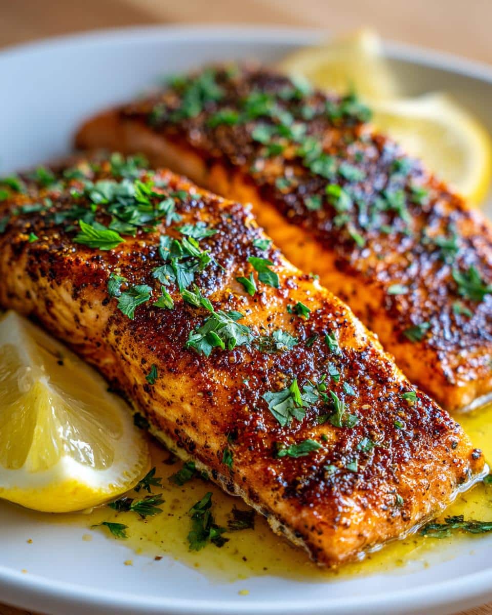 Two perfectly cooked fillets of Air Fryer Lemon Pepper Salmon, garnished with fresh parsley and lemon wedges, on a white plate.
