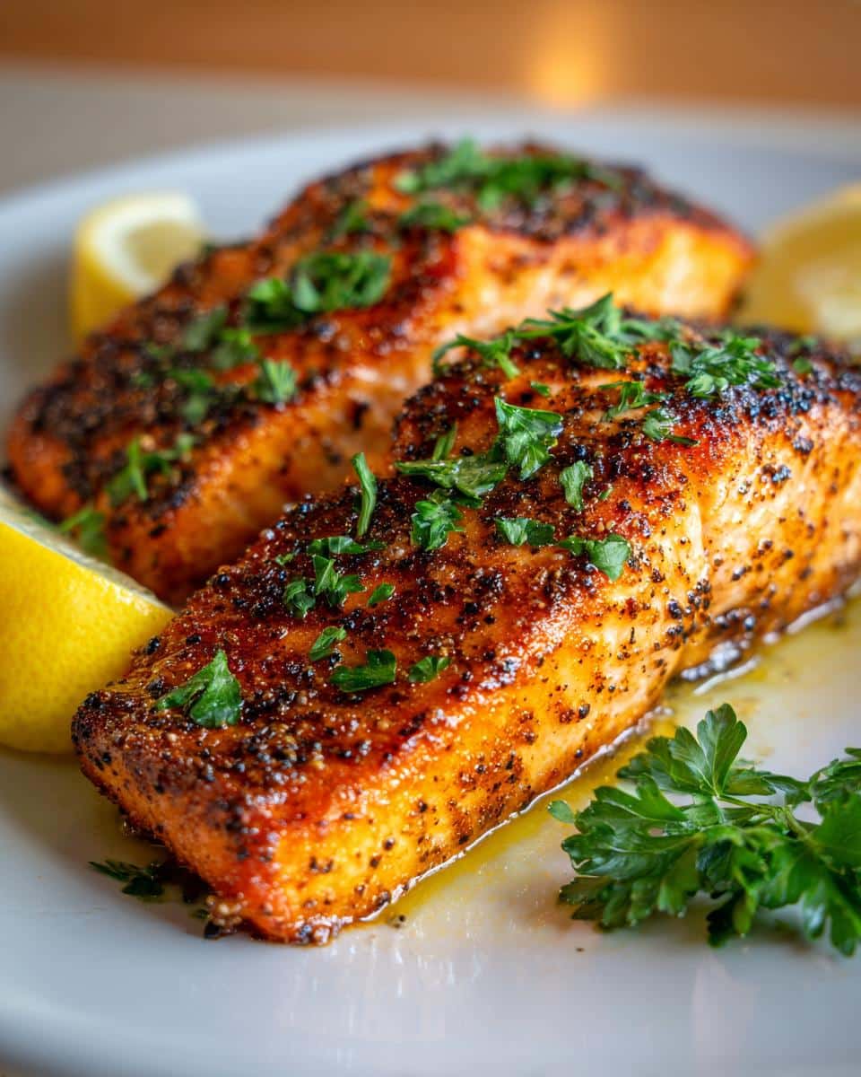 Two perfectly cooked fillets of Air Fryer Lemon Pepper Salmon, garnished with fresh parsley and lemon wedges.