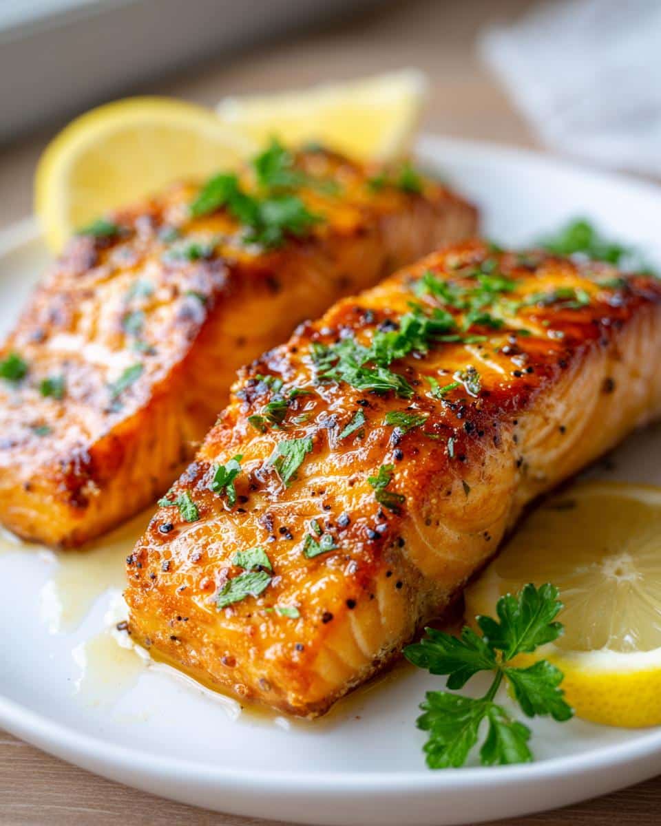 Two glistening Air Fryer Lemon Pepper Salmon fillets on a white plate, garnished with fresh parsley and lemon wedges.