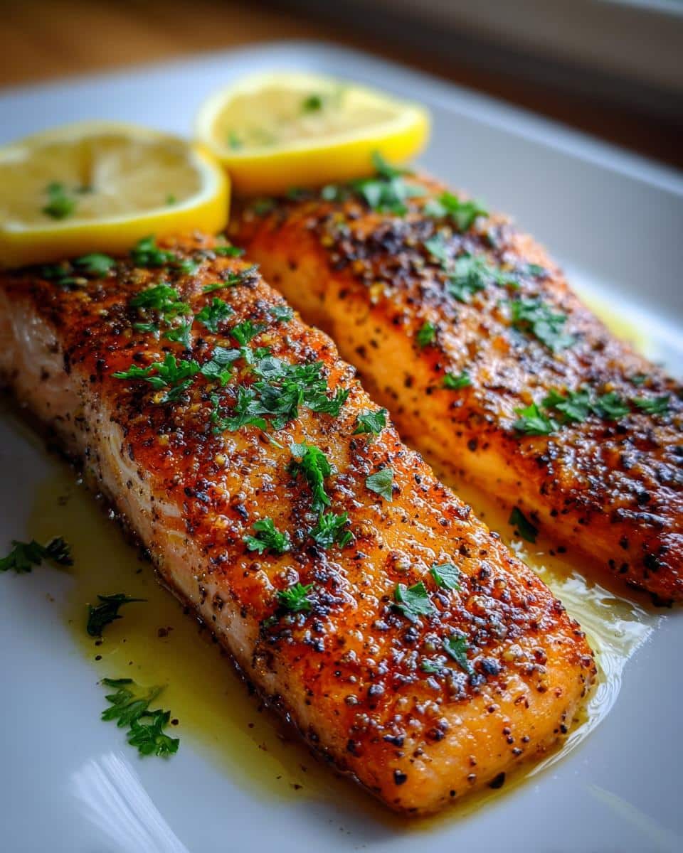 Two perfectly cooked fillets of Air Fryer Lemon Pepper Salmon on a white plate, garnished with fresh parsley and lemon slices.