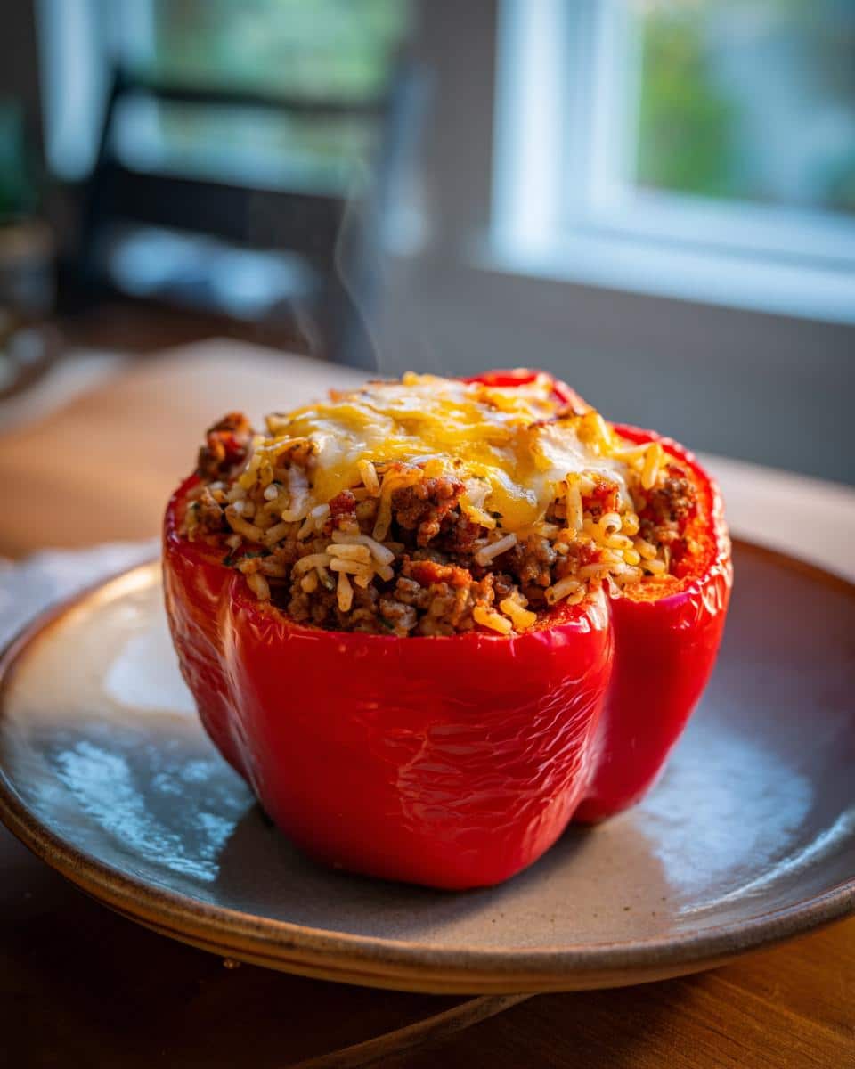 A vibrant red Air Fryer Stuffed Bell Pepper, filled with steaming ground meat and rice, topped with melted cheese.