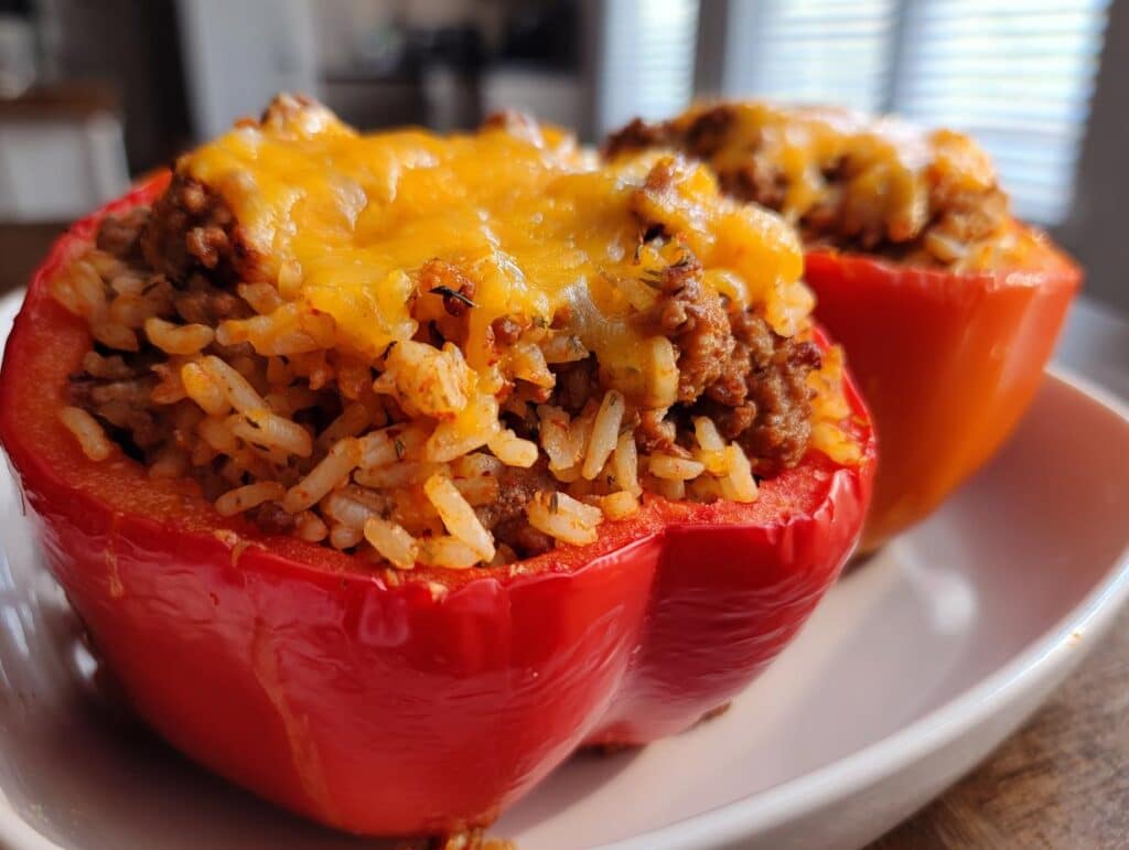 Close-up of two vibrant red and orange Air Fryer Stuffed Bell Peppers, filled with seasoned ground meat, rice, and melted cheese.