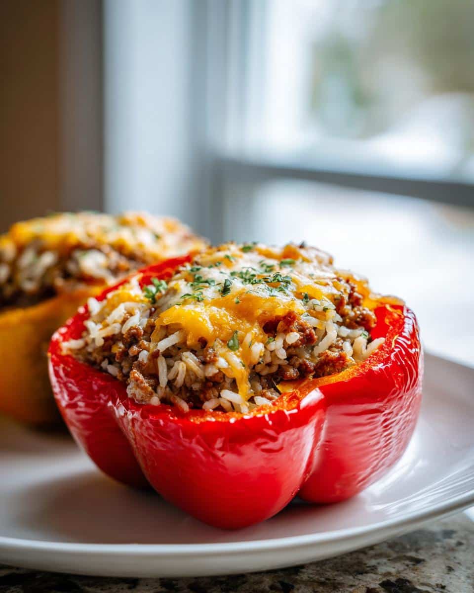 Close-up of a vibrant red Air Fryer Stuffed Bell Pepper filled with rice, ground meat, melted cheese, and fresh herbs.