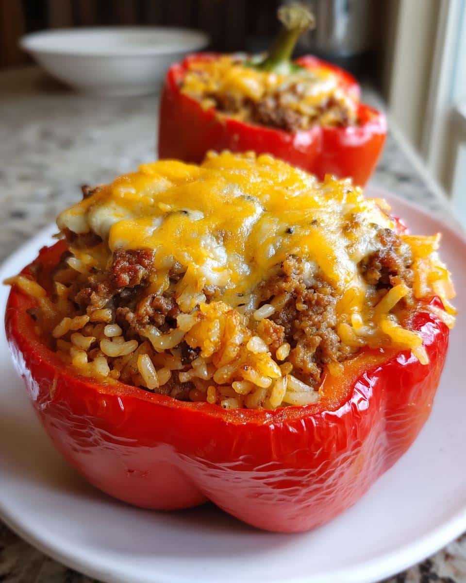 Close-up of two red Air Fryer Stuffed Bell Peppers filled with seasoned ground meat, rice, and melted cheese.