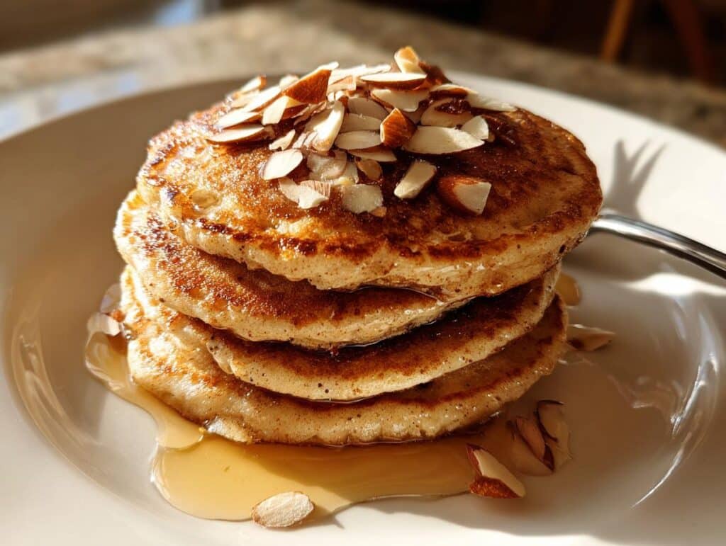 A stack of three golden-brown Almond Flour Pancakes drizzled with maple syrup and topped with sliced almonds.